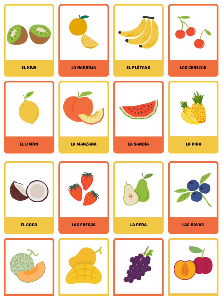 Las Frutas Tarjetas Didácticas Amarillo y Naranja Ilustrativo ...