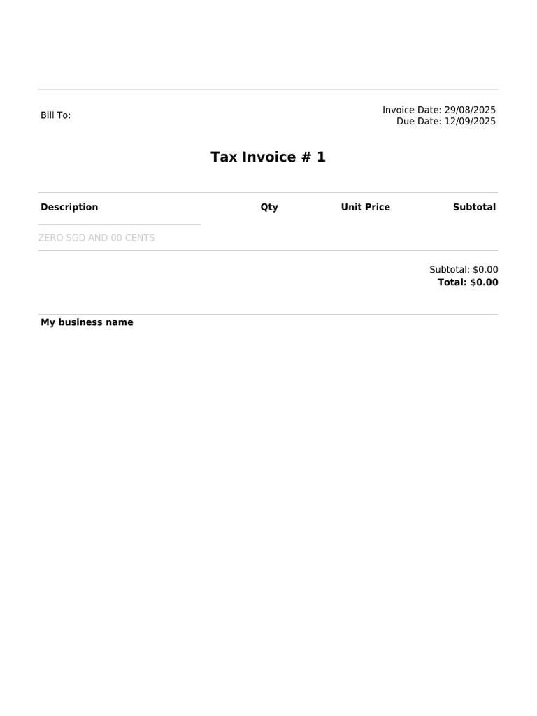 Zero Dollar Tax Invoice Template | PDF
