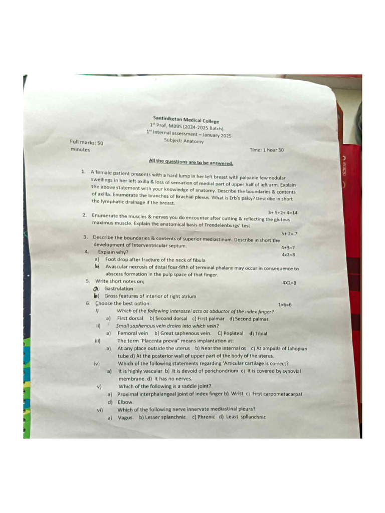 SMCH 1st Ia Question Papers (2024-2025) | PDF