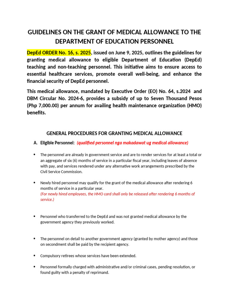 Medical Allowance Guidelines for DepEd Personnel | PDF