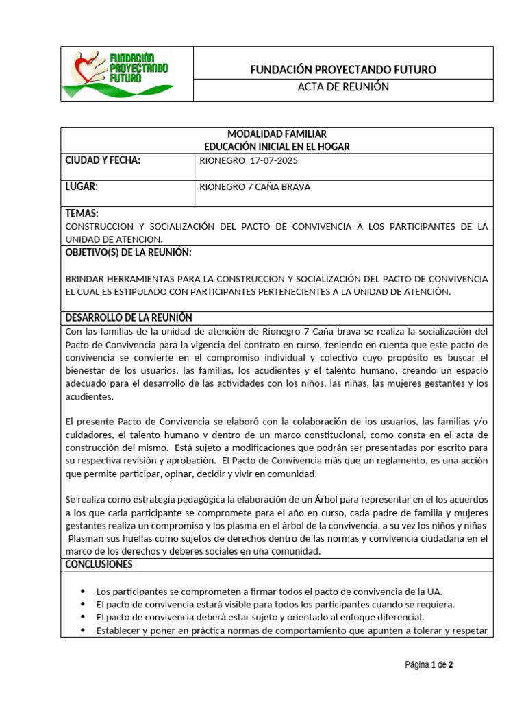 Acta Pacto de Convivencia Padres de Familia CB Julio | PDF