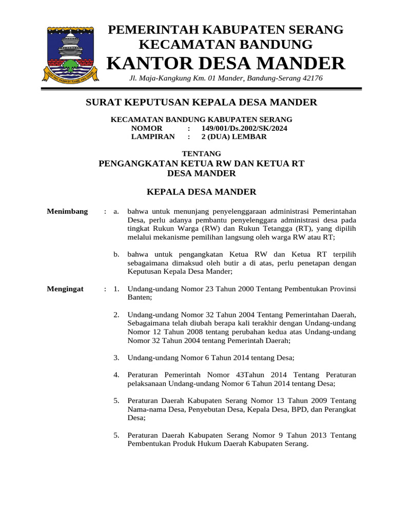 SK Pengangkatan Ketua RW dan RT Mander | PDF