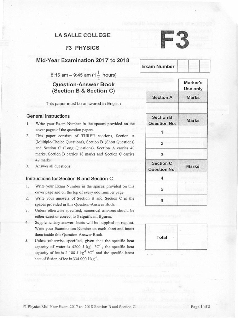 La Salle 2017 2018 Mid Year Exam F3 Physics Section B C PDF | PDF