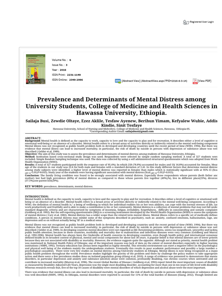 Mental Distress in Hawassa University Students | PDF | Mental Disorder ...