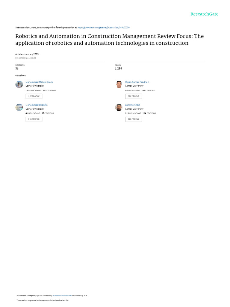 Robotics and Automation in Construction | PDF | Automation | 3 D Printing
