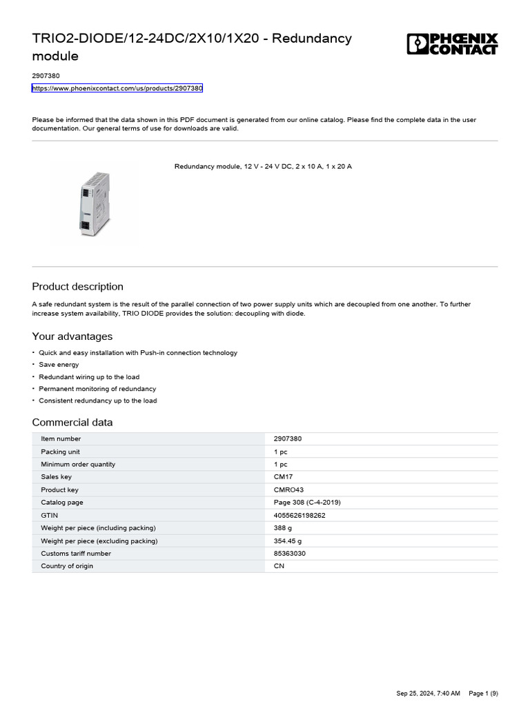TRIO DIODE Redundancy Module 2907380 | PDF | Power Supply | Electricity