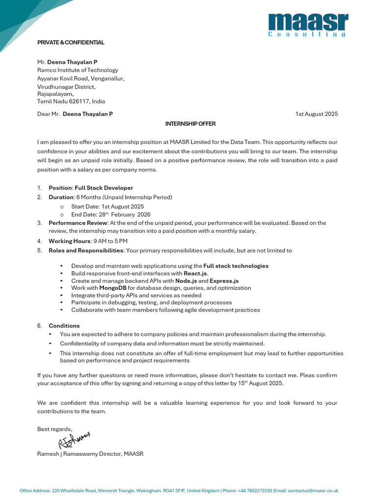 Deena Thayalan P - FullStack Developer - Internship Offer | PDF ...