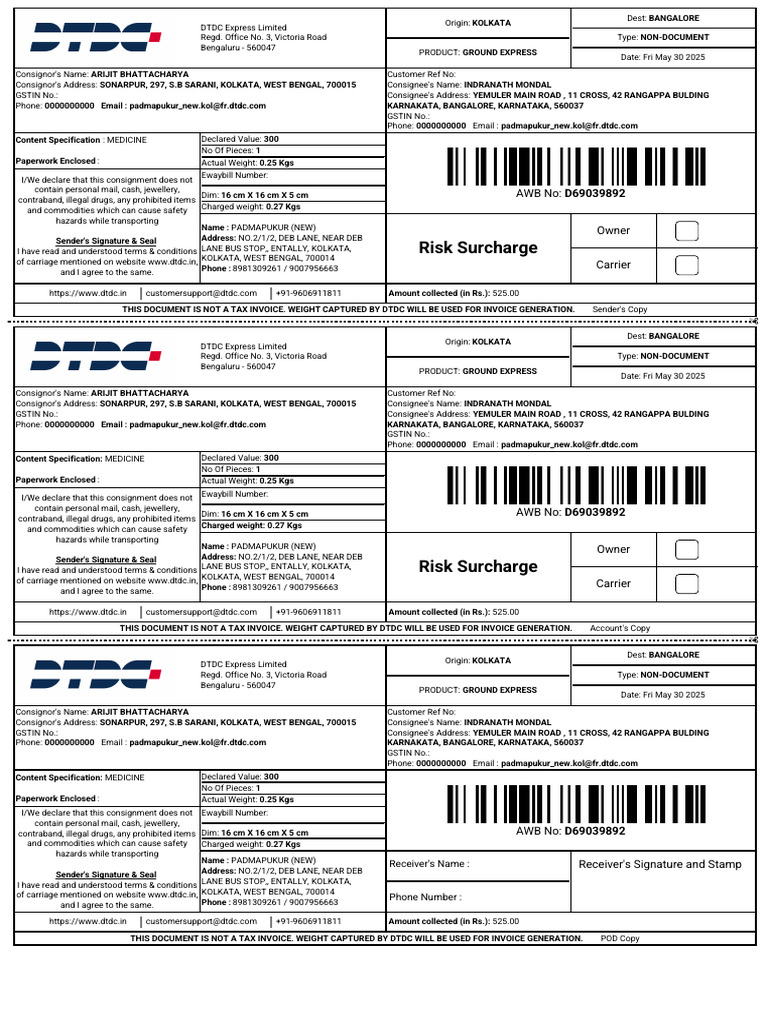 DTDC Ground Express Shipment Details | PDF | Mail
