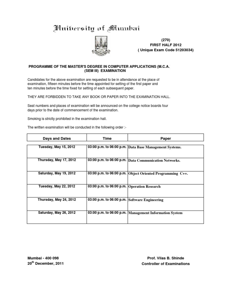 MCA Semester III Exam Schedule 2012 | PDF | Computers