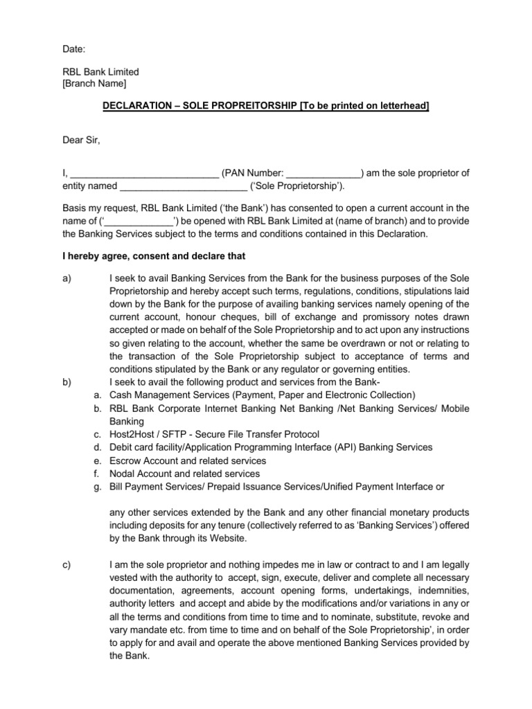 RBL Bank Sole Proprietorship Declaration | PDF | Banks | Transaction ...