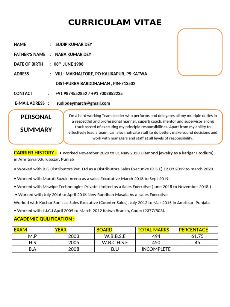 Sudip Kumar Dey's Professional CV | PDF
