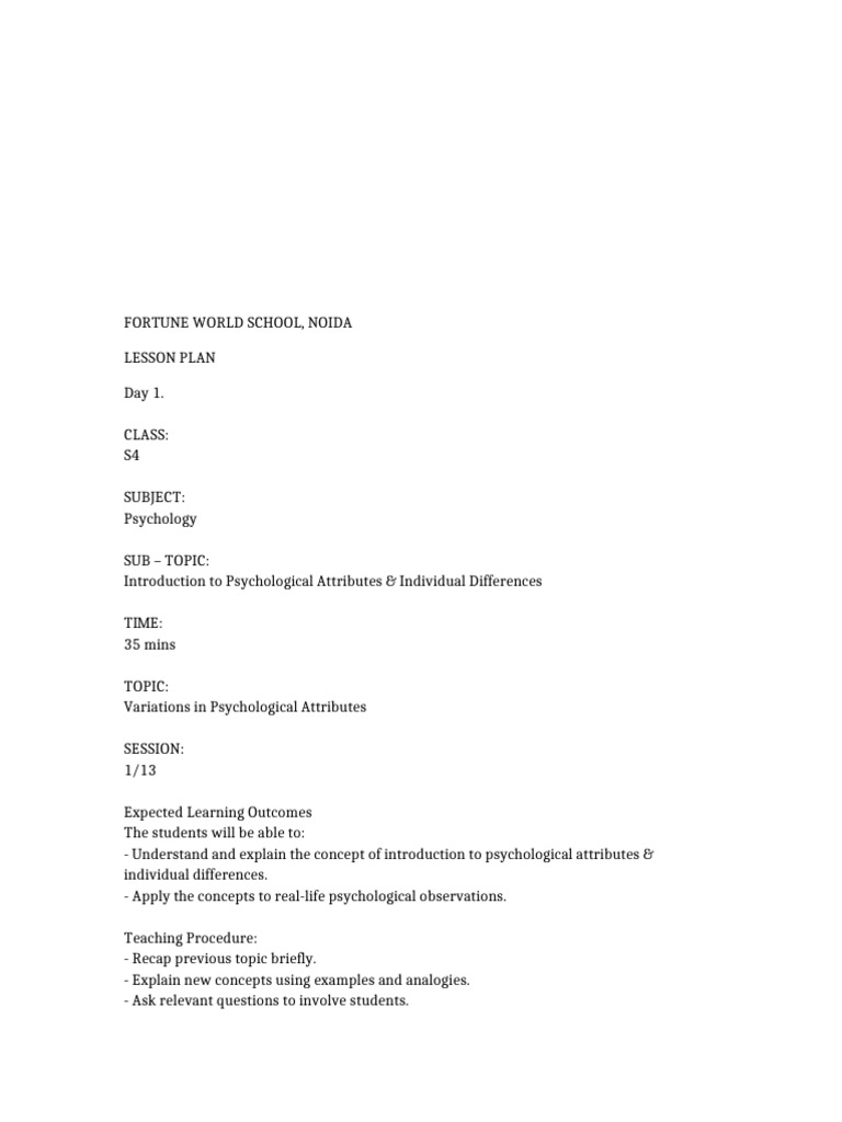 Psychology Lesson Plan Chapter1 13days | PDF | Psychology | Thought