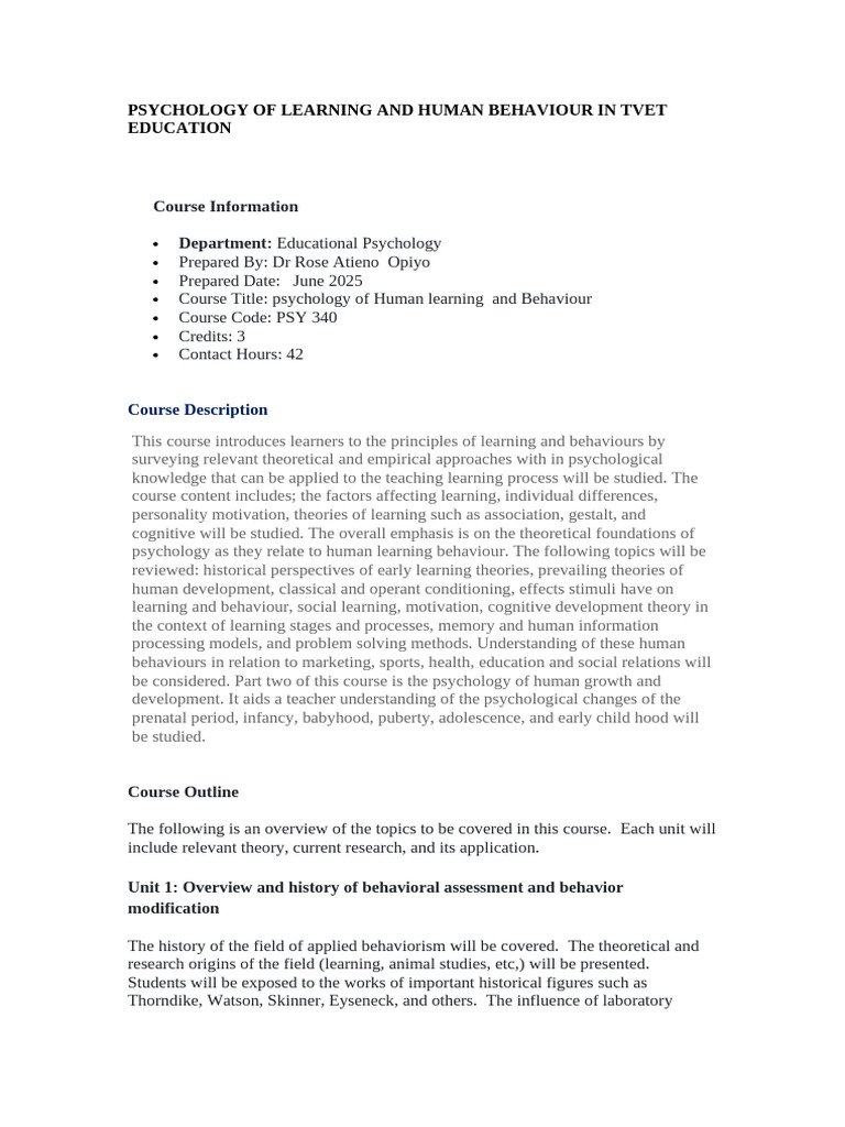 Psychology of Learning in TVET Education | PDF | Behaviorism | Learning