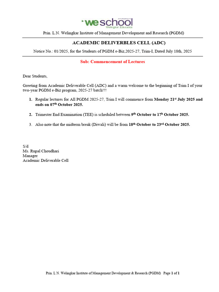 Student Notice 25-27 Trim I Commencement of Lecturs | PDF