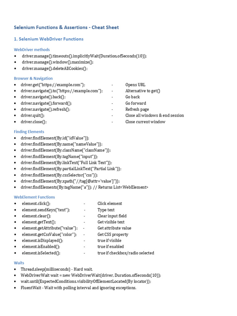 Selenium Functions & Assertions Guide | PDF | Selenium (Software ...