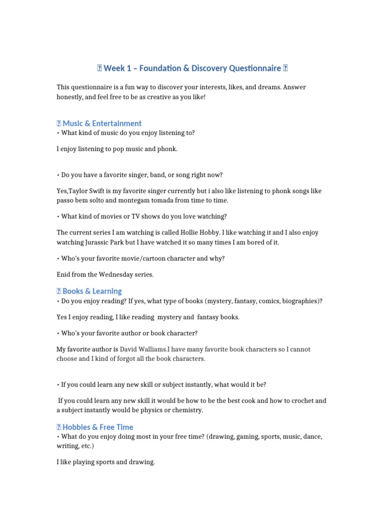 Week1 Discovery Questionnaire | PDF