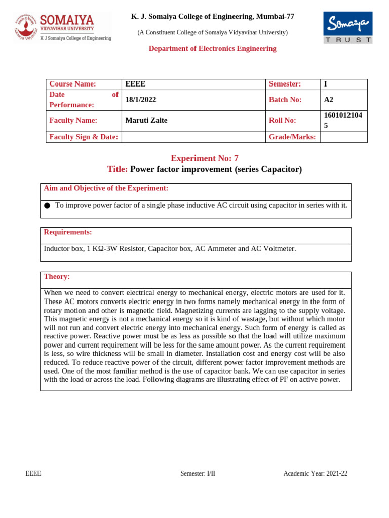 Power Factor Improvement Experiment | PDF | Ac Power | Capacitor