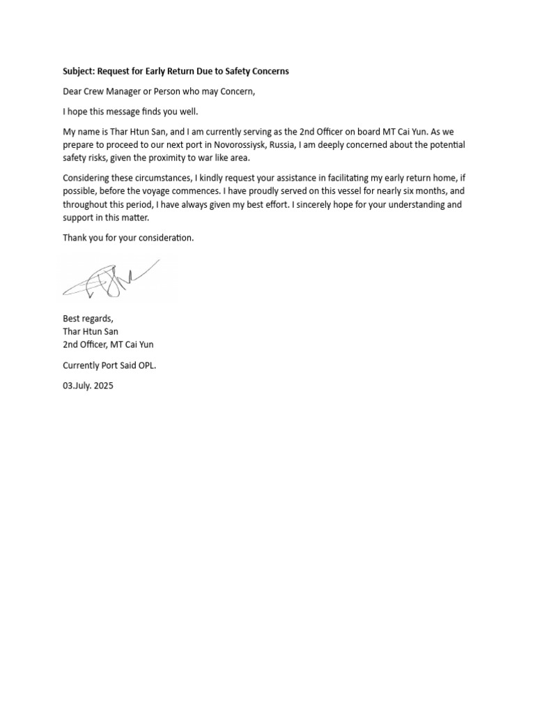 Early Repatriation Request for Seafarer | PDF