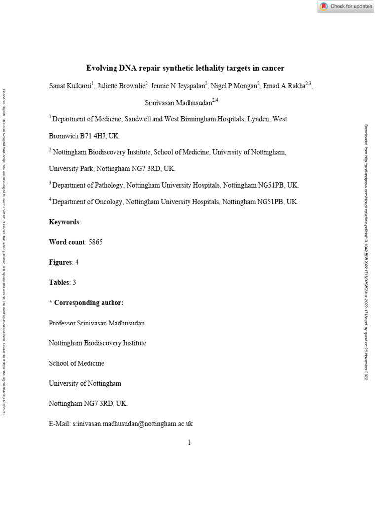 Evolving DNA Repair Synthetic Lethality Targets in Cancer | PDF | Dna ...