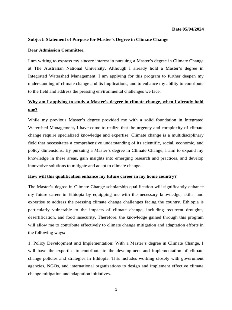 Master's in Climate Change Application | PDF | Sustainability | Climate ...