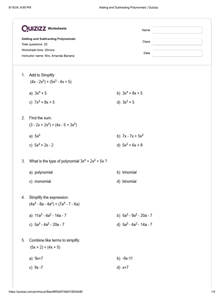 Polynomial Addition and Subtraction Quiz | PDF | Polynomial | Chess ...