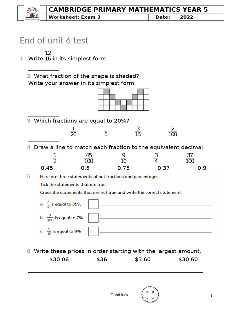 End of Unit 6 Math Test | PDF