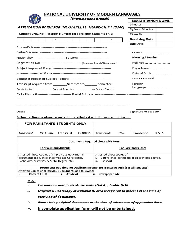 NUML Incomplete Transcript Application | PDF | Authentication ...