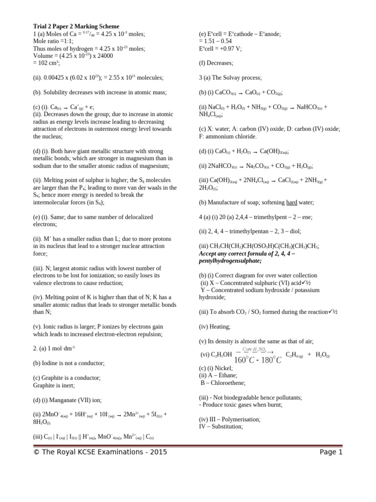 Chemistry Trial Paper 2 Marking Scheme | PDF | Chlorine | Chemical Bond