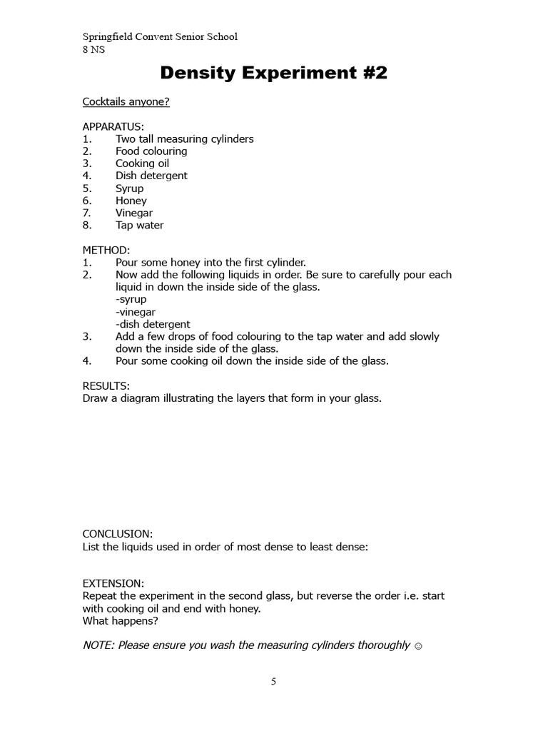 Density Experiment with Liquids | PDF