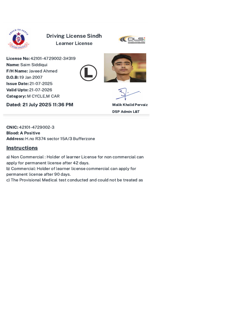 Learner License Details for Saim Siddiqui | PDF