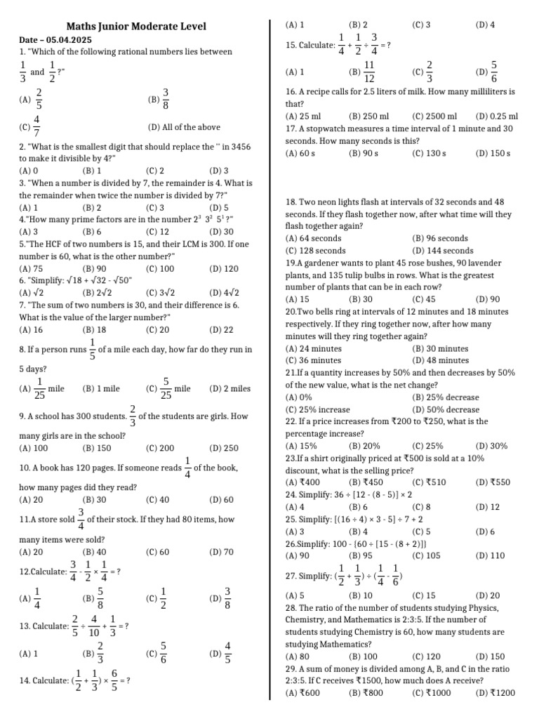 Junior Level Maths Questions and Answers | PDF | Length | Area