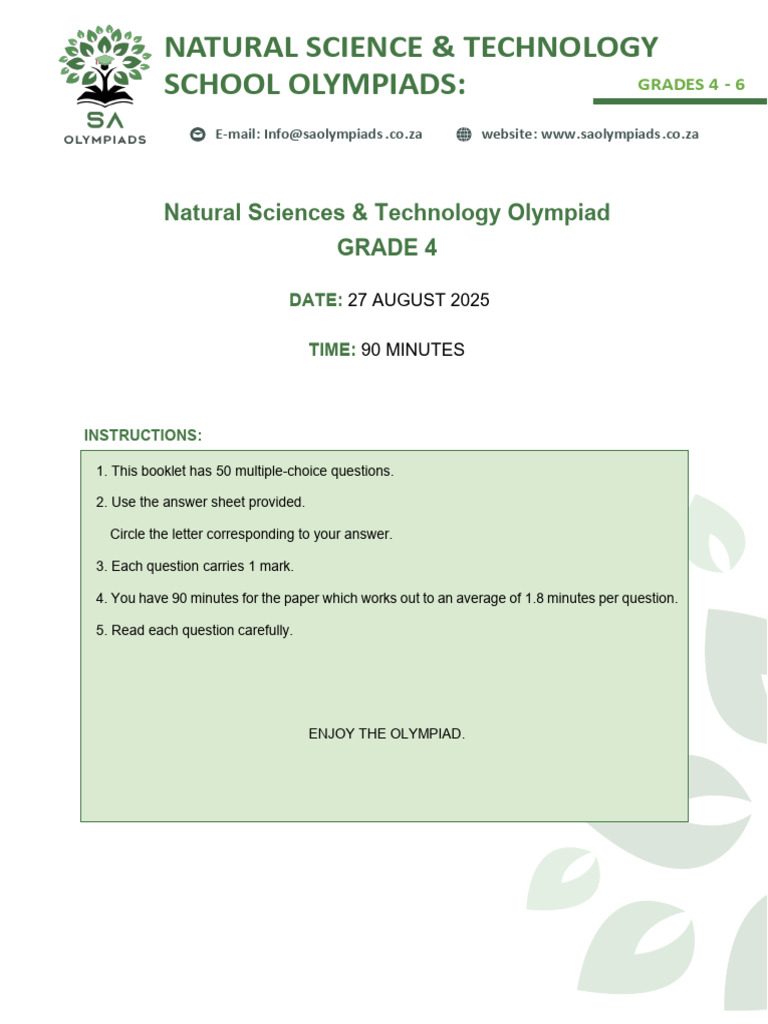 Grade 4 Natural Sciences Olympiad 2025 | PDF | Root | Water