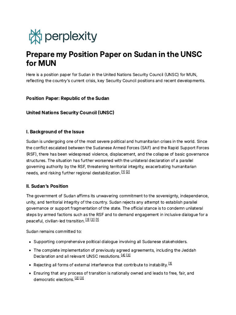 Sudan Unsc Position Paper Snismun | PDF | Sudan | International Relations