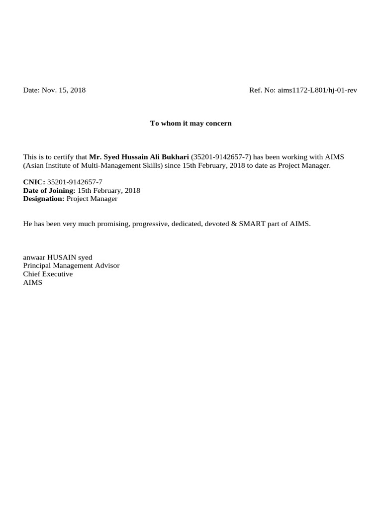 Exp. Letter 2 Hussain REVISED | PDF