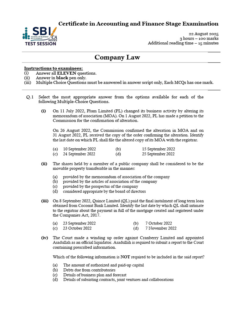 Company Law Exam Questions and Answers | PDF | Multiple Choice | Liquidation