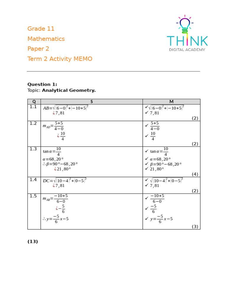 Grade 11 Mathematics Term 2 Memo | PDF | Euclidean Geometry ...