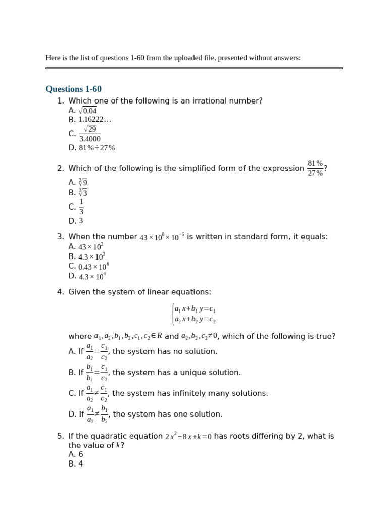 List of 60 Math Questions Without Answers | PDF | Triangle | Circle
