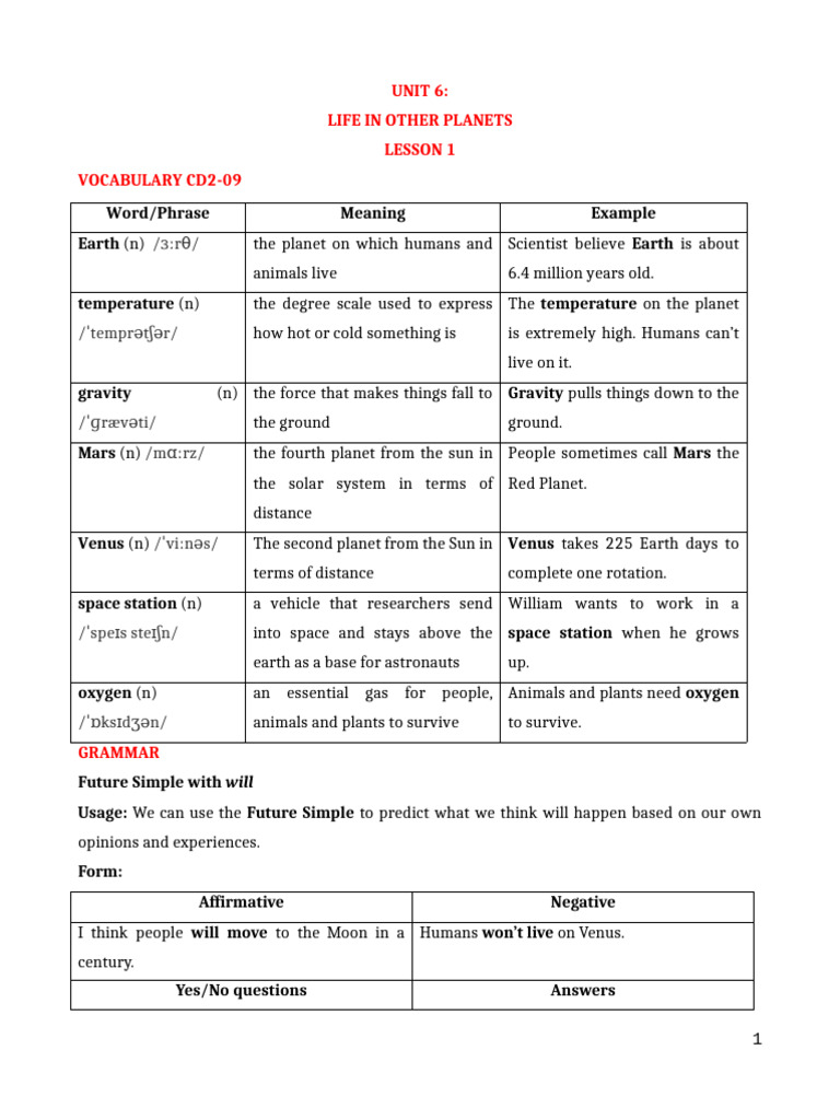 Vocabulary and Grammar: Life on Other Planets | PDF | Unidentified ...