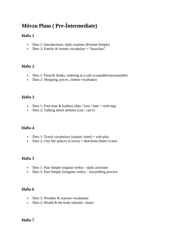 Pre-Intermediate Plan For 2 Months | PDF