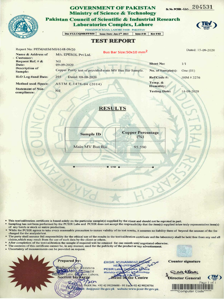 Bus Bar Copper Purity Test Report | PDF