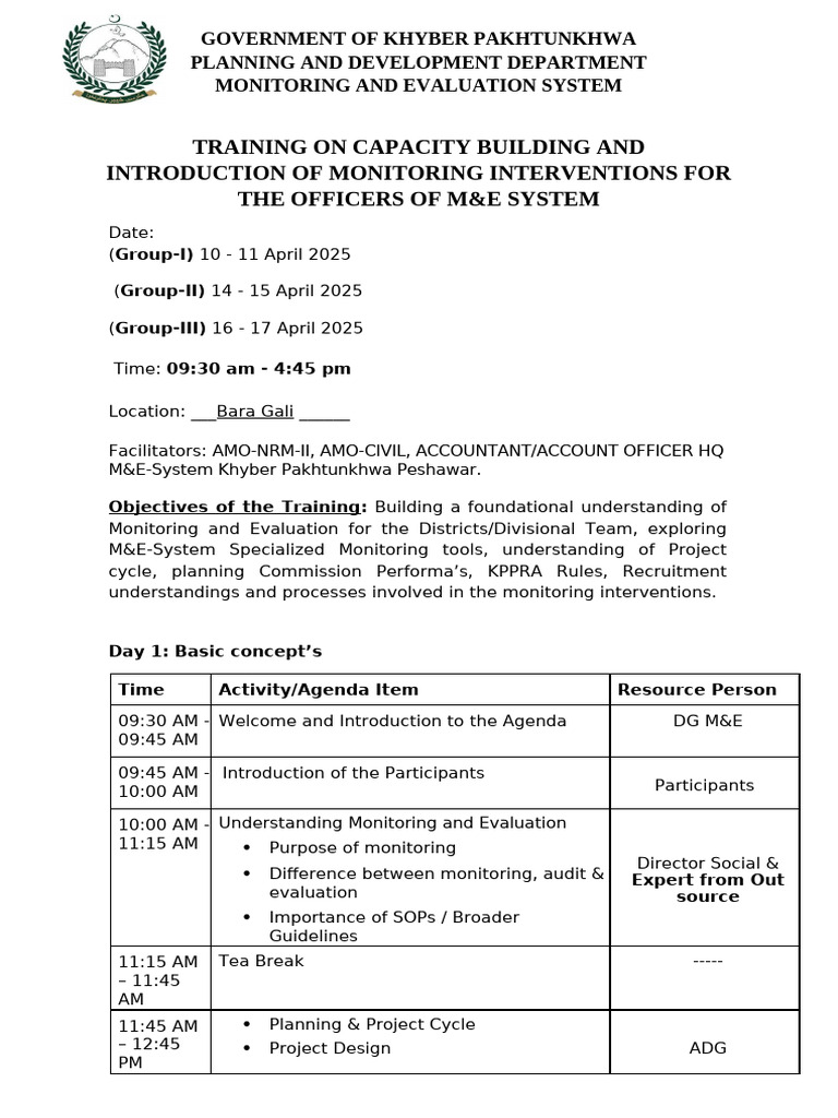 M&E Training for Khyber Pakhtunkhwa Officers | PDF