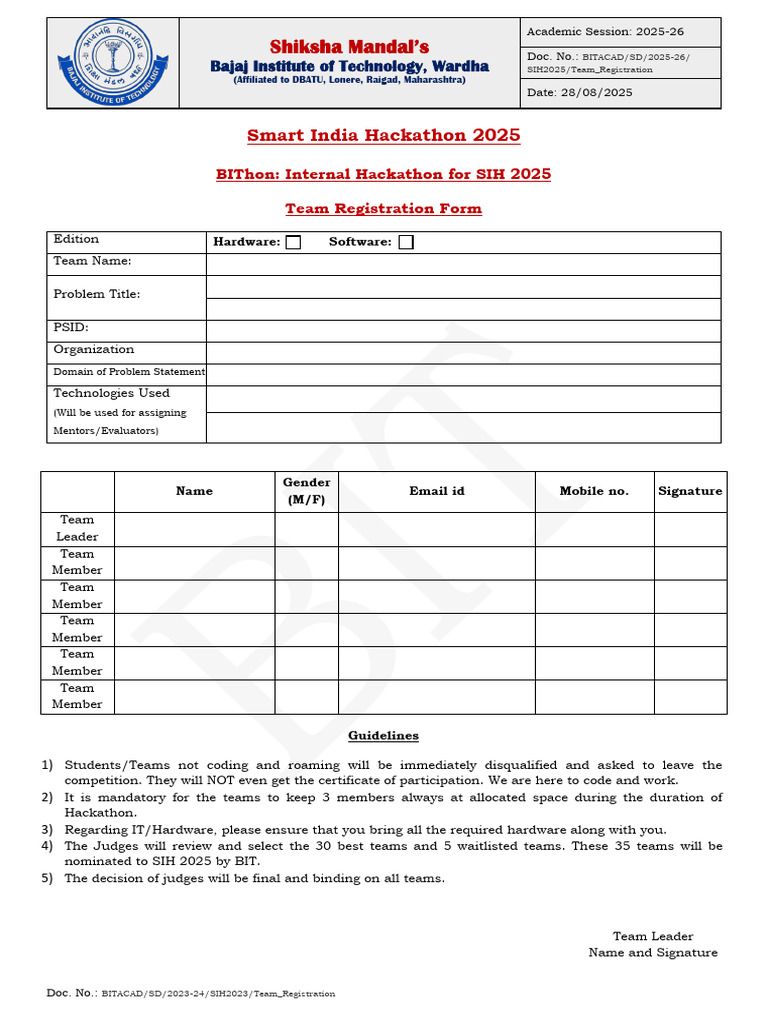 Team Registration Form | PDF