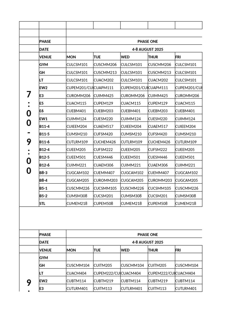 Phase One Timetable: Aug 2025 | PDF