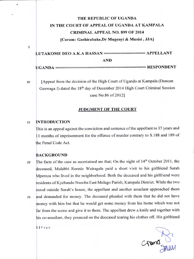 Uganda Court Appeal: Murder Case Review | PDF | Sentence (Law) | Burden ...