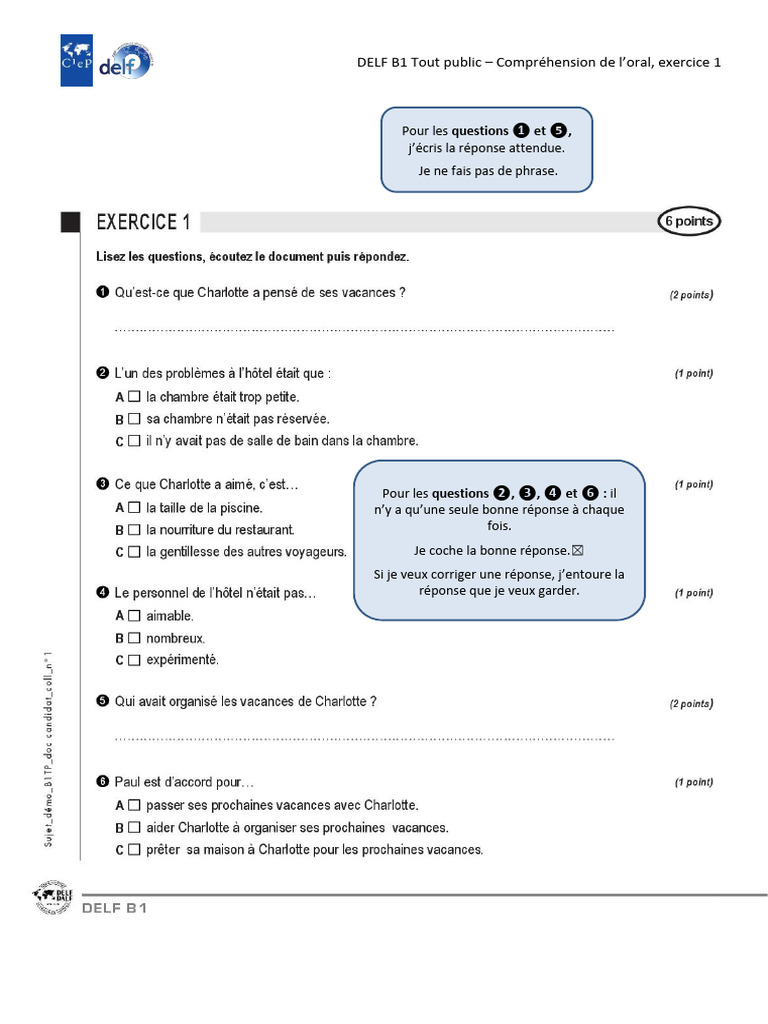 Exemples d'exercices DELF B1 | PDF