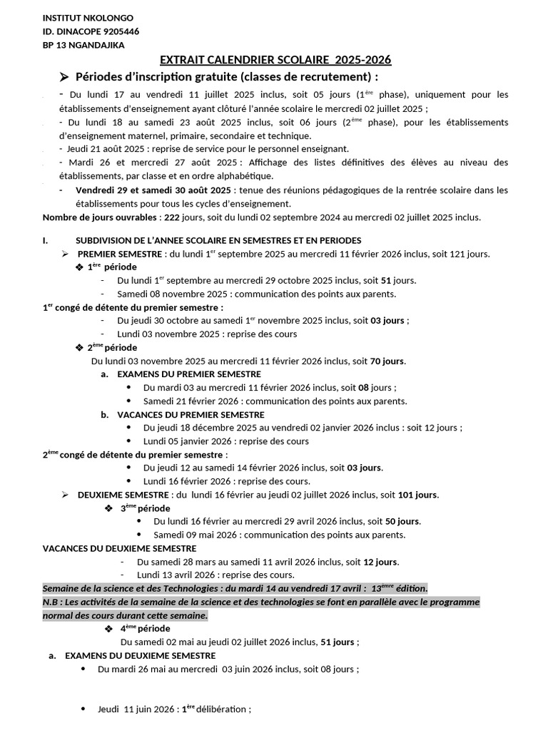 Calendrier Scolaire 2025-2026 RDC | PDF