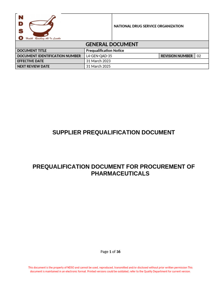 L4-GEN-QAD-35 - Prequalifcation Notice Pharmaceuticals Rev03 | PDF