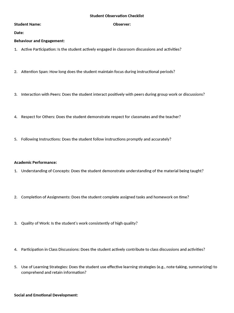 Student Observation Checklist Guide | PDF | Cognitive Science | Social ...