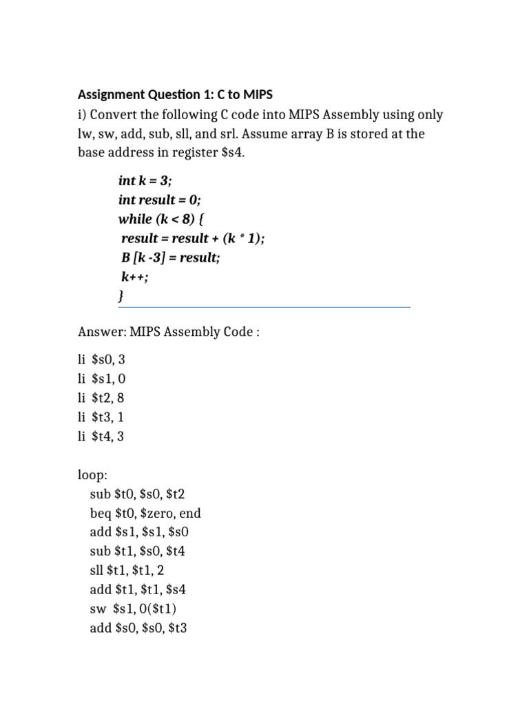 C to MIPS Assembly Conversion Guide | PDF