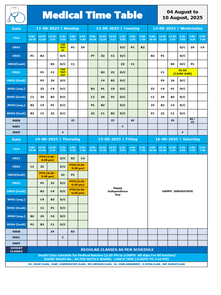 Medical Class Schedule: Aug 2025 | PDF